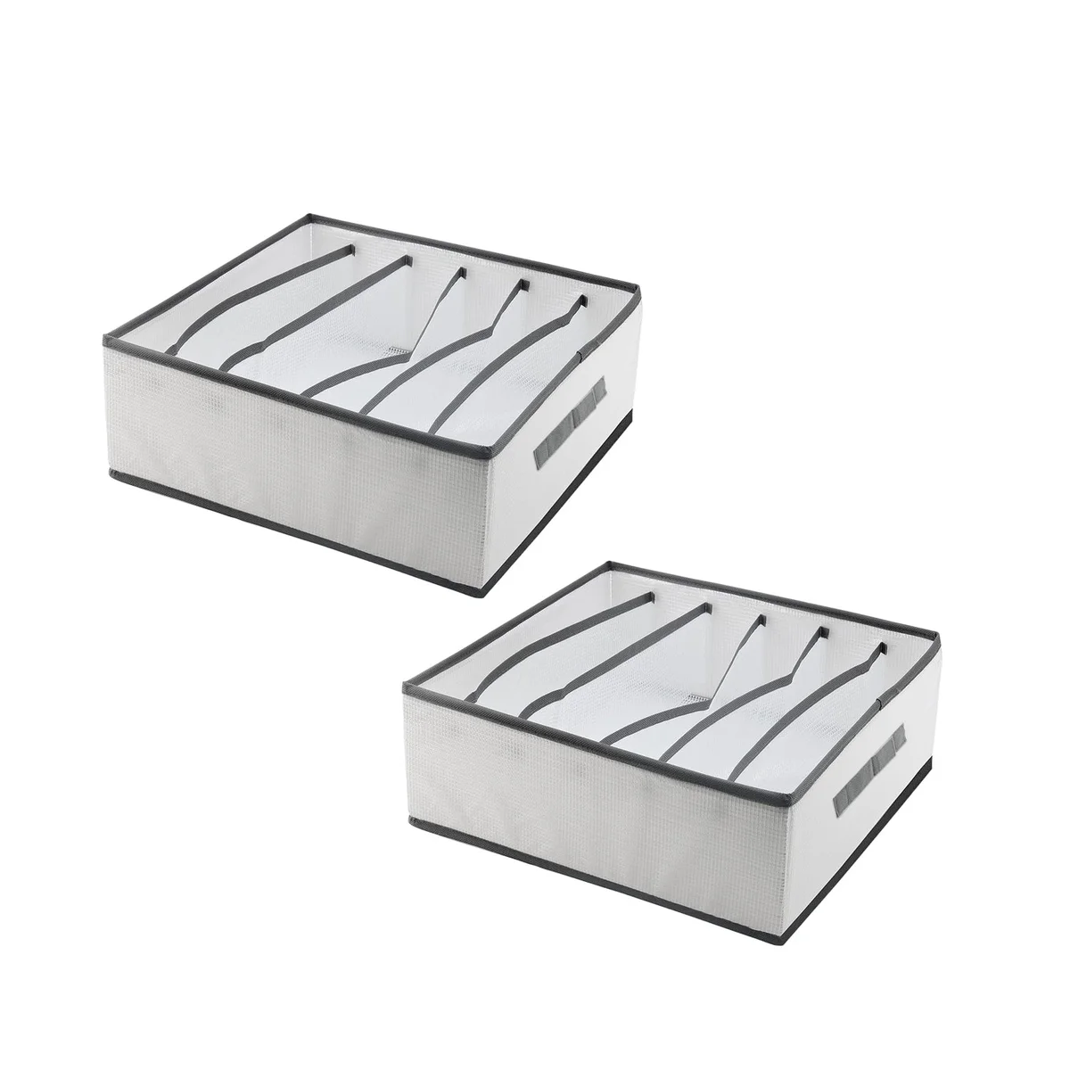 Foldable wardrobe storage box with 6 transparent compartments for organizing clothes, shown folded and unfolded side by side