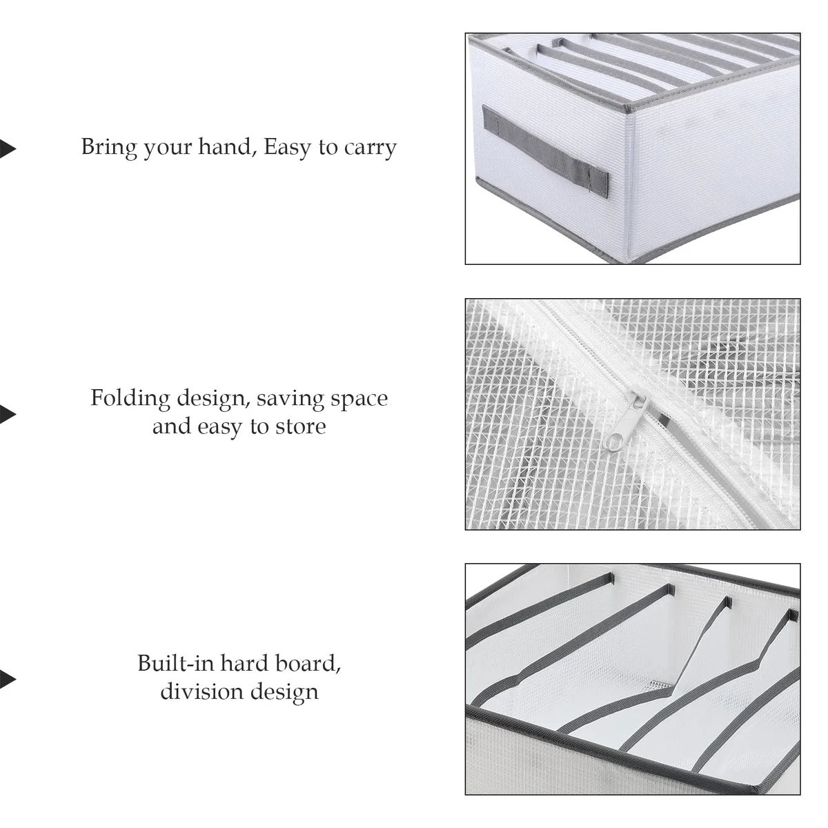 Foldable wardrobe clothes storage box with 6 transparent grids holding folded clothes on a white surface