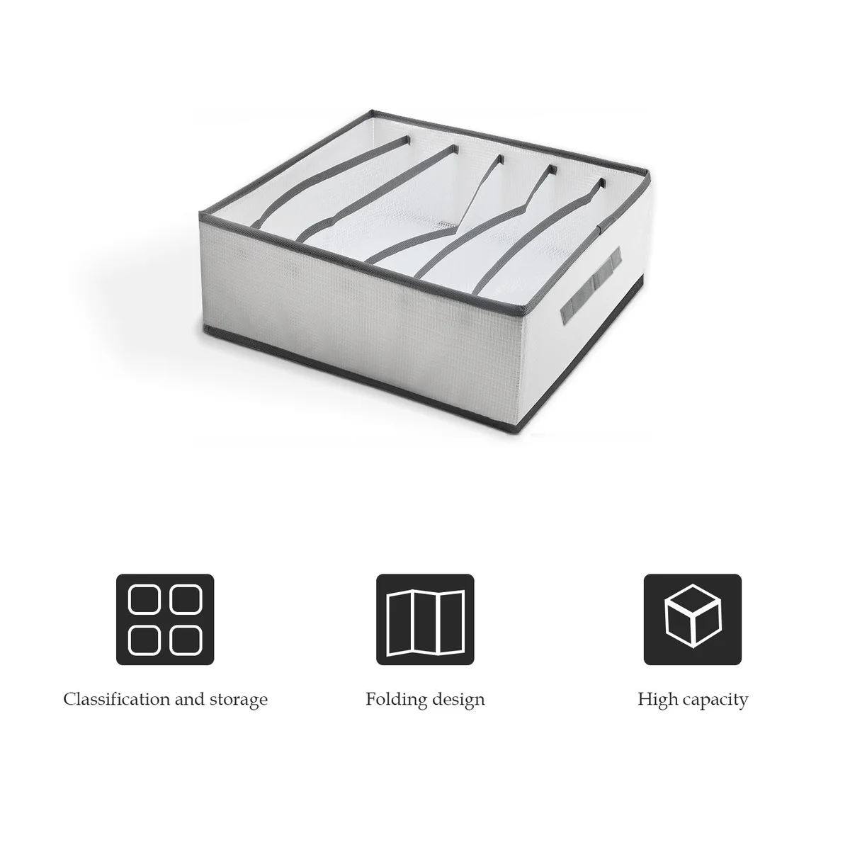 Foldable wardrobe storage box with 6 transparent compartments holding folded clothes, shown in a bedroom drawer setting