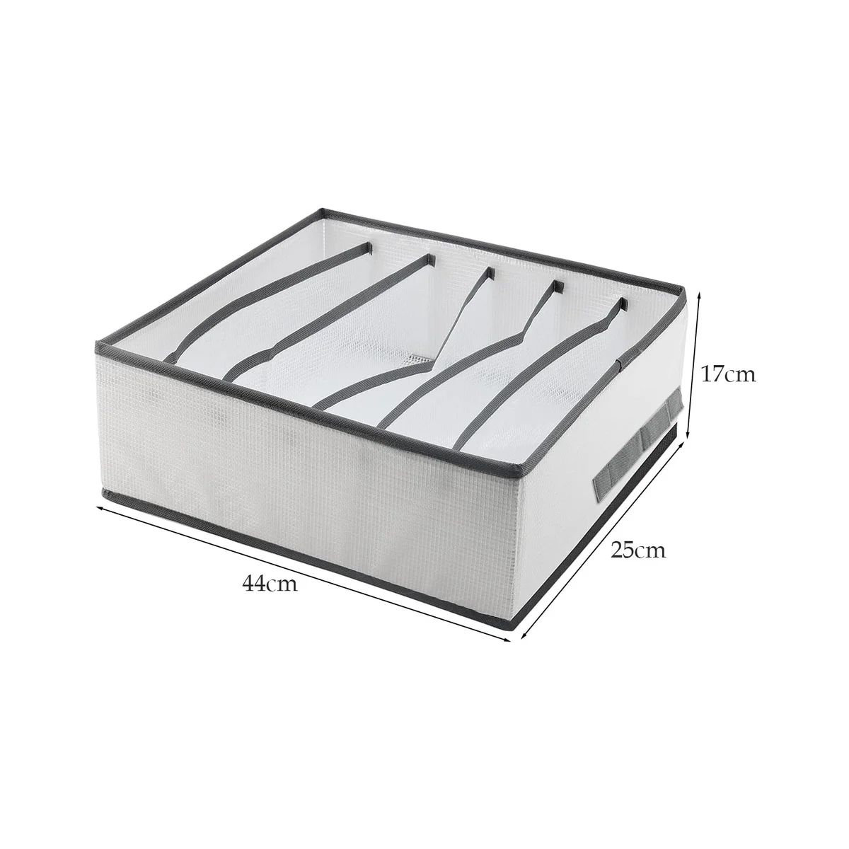 Foldable wardrobe storage box with six transparent compartments holding folded clothes on a wooden surface