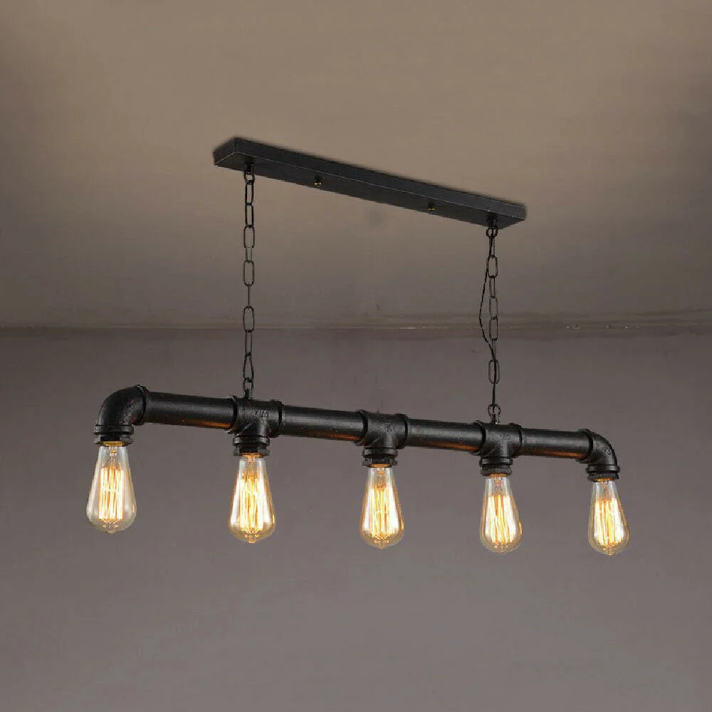5-way industrial ceiling light with black metal steampunk pipe design and adjustable hanging chains