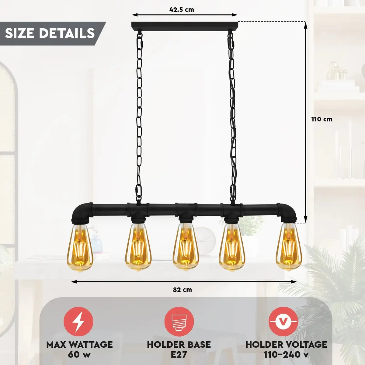 Five-light industrial steampunk pendant light with black metal pipe design and adjustable hanging chains on white background