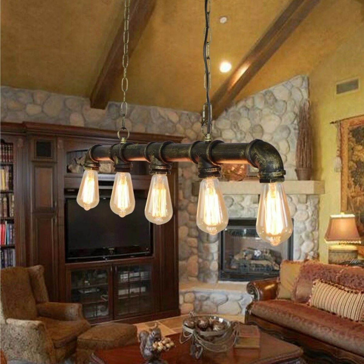 5-light industrial steampunk ceiling pendant with adjustable height pendant chains in rustic red metal finish
