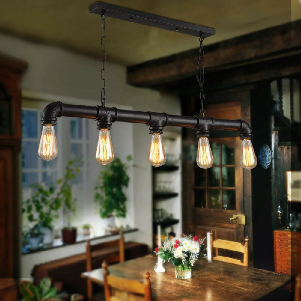 Five-light industrial steampunk metal pipe ceiling light in brushed copper finish with adjustable hanging chains