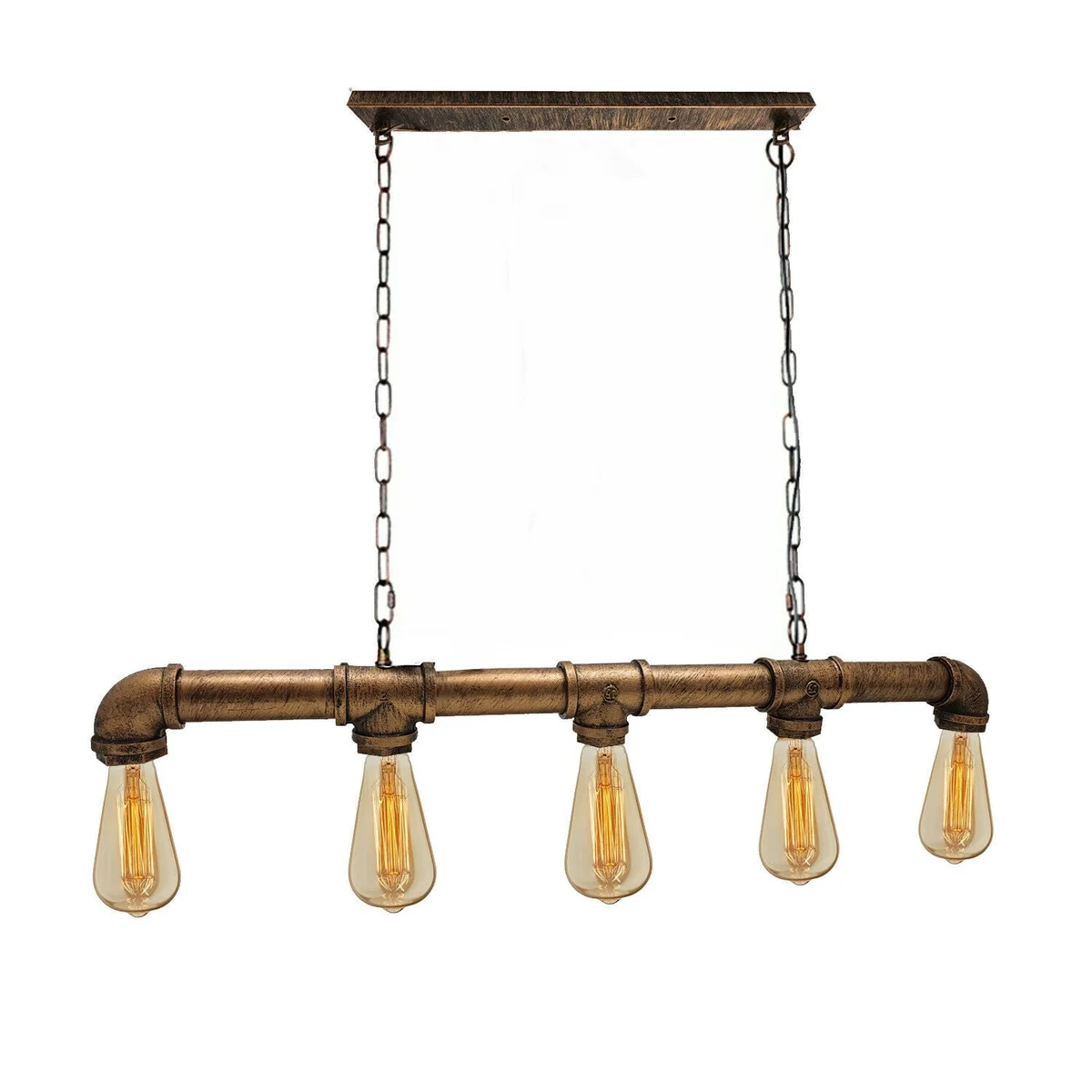 Five-light industrial ceiling light with steampunk metal pipe design in rustic red finish hanging from adjustable chains