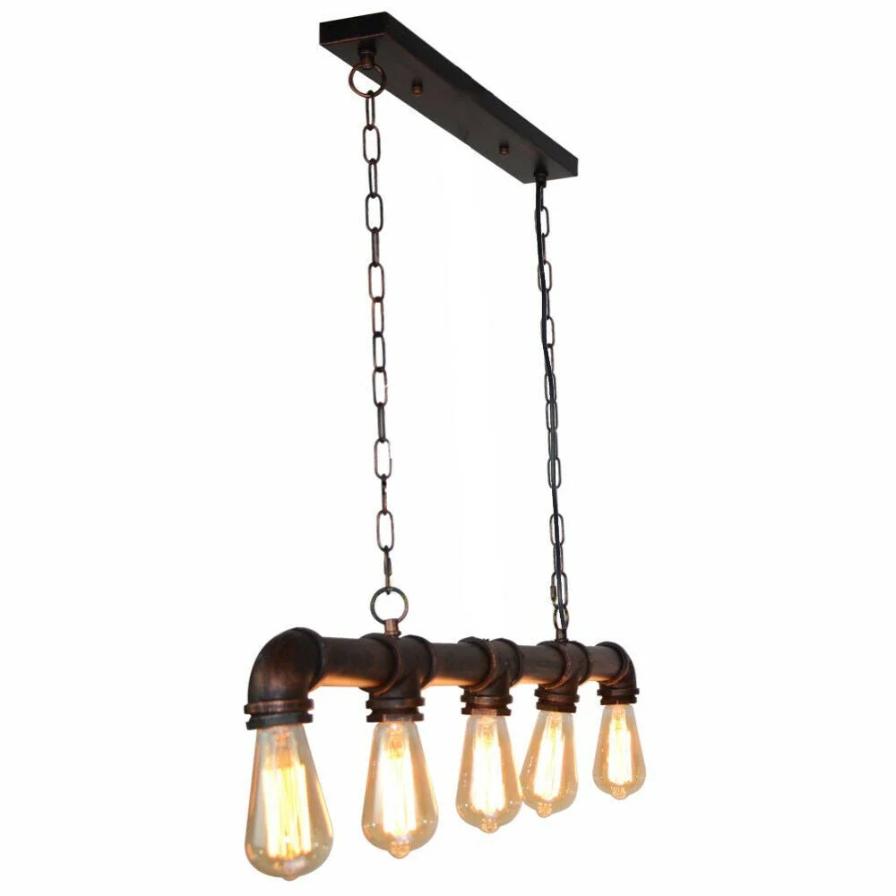 5-way industrial ceiling light with black metal steampunk pipe design and five E27 bulb sockets hanging from adjustable chains