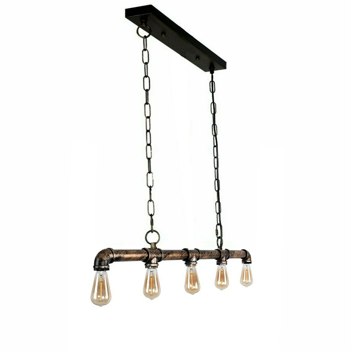 5-way industrial ceiling light with steampunk pipe design, black metal finish, adjustable hanging chains, no bulbs installed