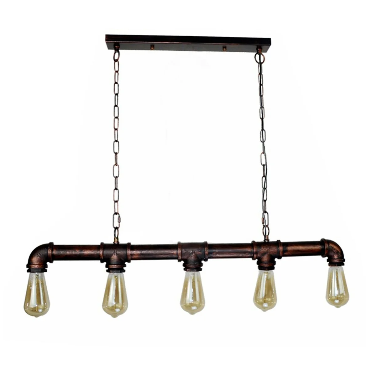 Five-light industrial ceiling light with steampunk water pipe design in black metal, adjustable hanging chains visible