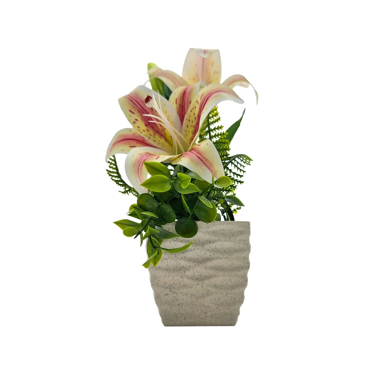 Two artificial lily flowers in pots with vibrant silk flower decoration for table and indoor use, 32cm tall each