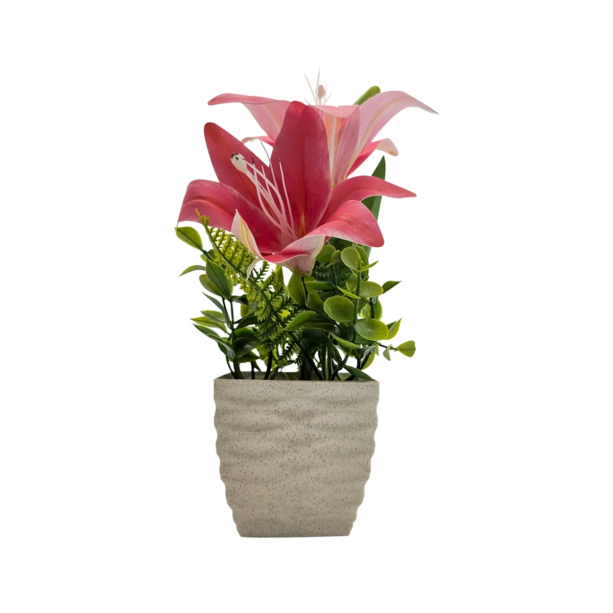 Two artificial lily flowers in pots with vibrant silk petals, ideal for indoor table decoration, 32cm tall each