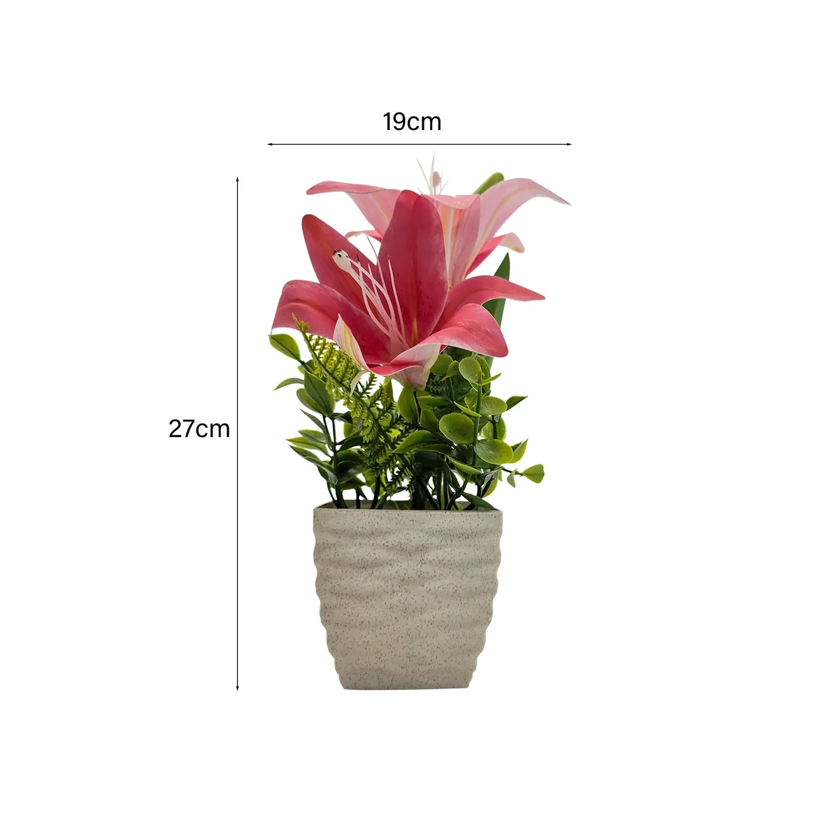Two artificial lily flowers in pots with vibrant silk petals, ideal for table decorations and indoor use