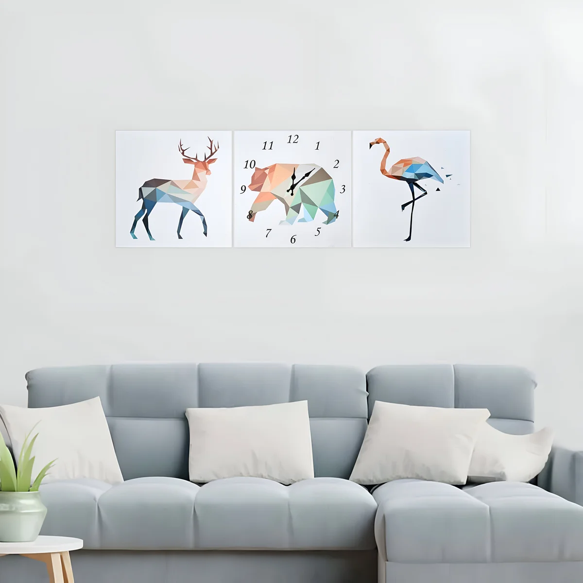 Animal wall clock featuring deer, bear, and flamingo frames with bright colors on a modern canvas background