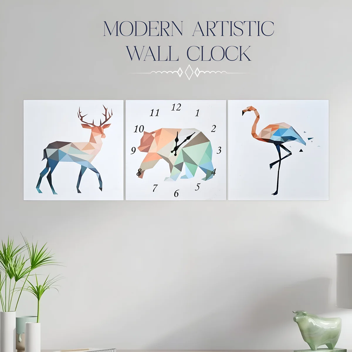 Modern wall clock featuring deer, bear, and flamingo animal frames on a bright canvas with silent non-ticking design