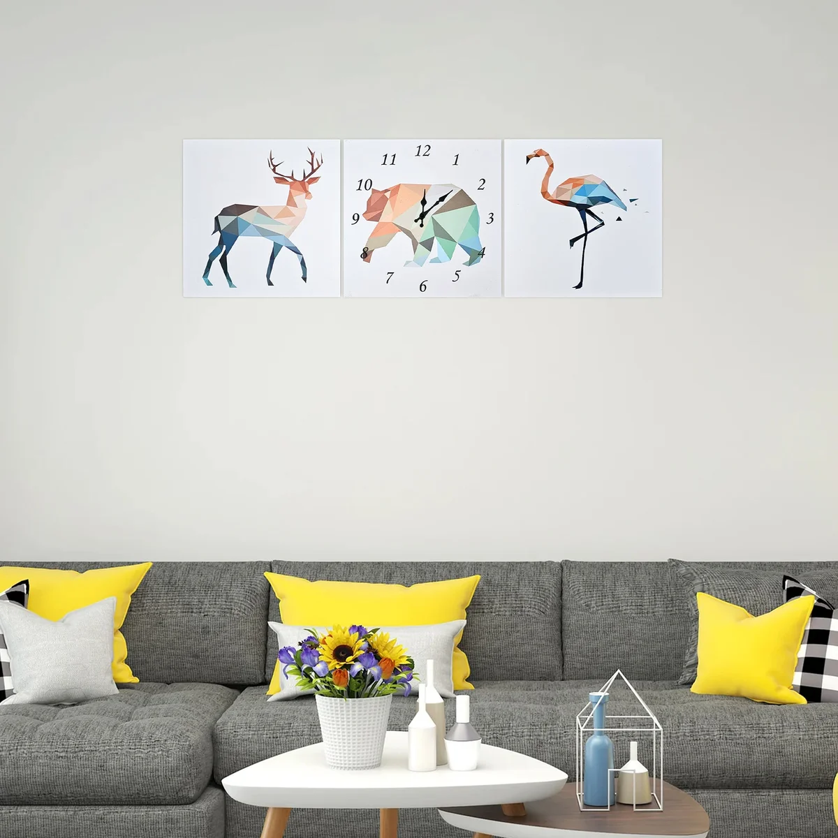 Deer, bear, and flamingo animal wall clock with sleek plastic frame, silent non-ticking clock design on canvas background