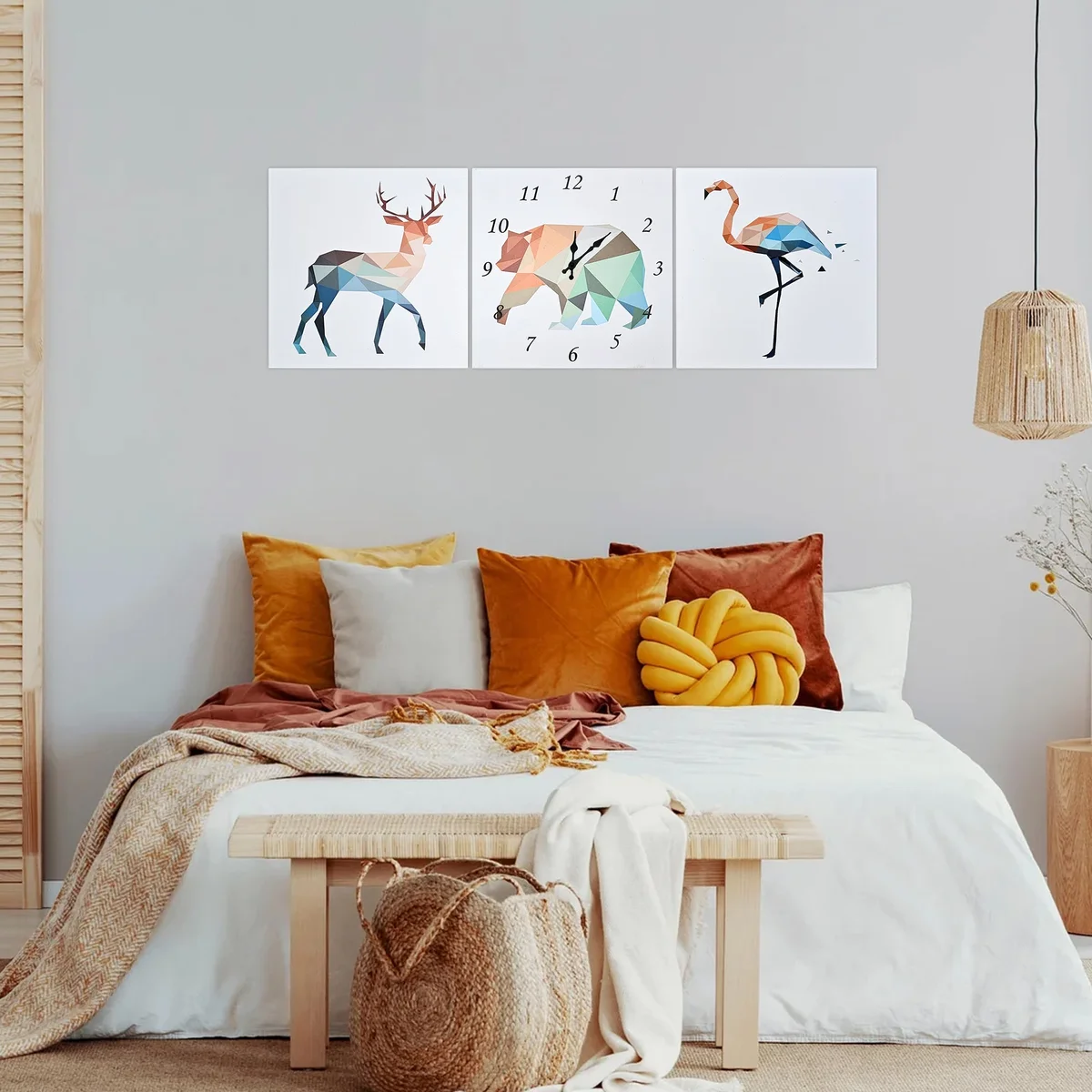 Plastic frame clock featuring deer, bear, and flamingo animal design with modern style on canvas background