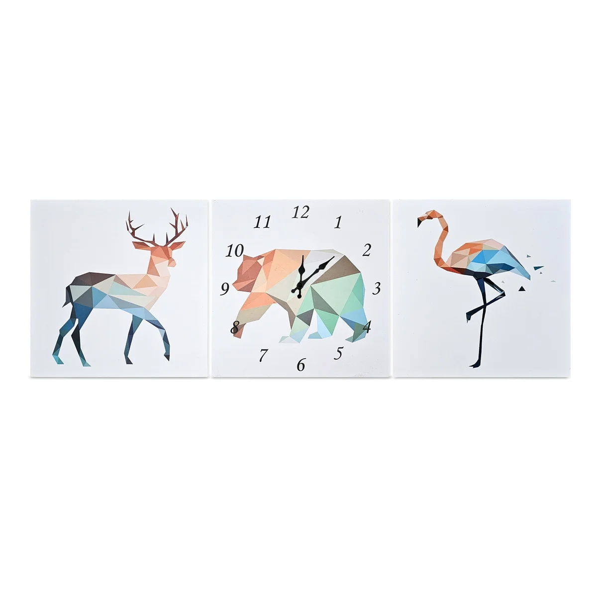 Animal painting clock featuring deer, bear, and flamingo designs on a modern wall clock with plastic frame and silent movement