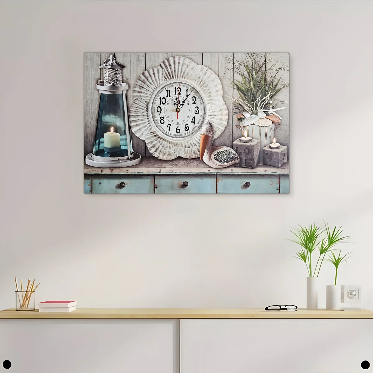 Large rectangular seaside art painted large wall clock with seashell design on wooden canvas, battery operated, vintage style
