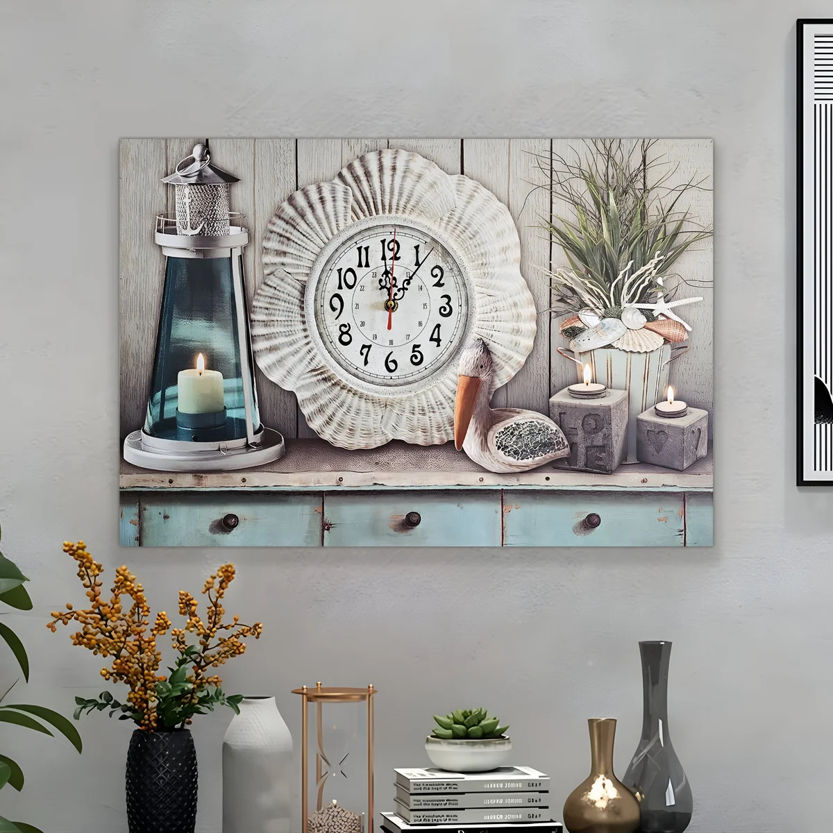 Large rectangular seaside wall clock with painted seashell art on wooden canvas, vintage style, battery operated, 60x40cm