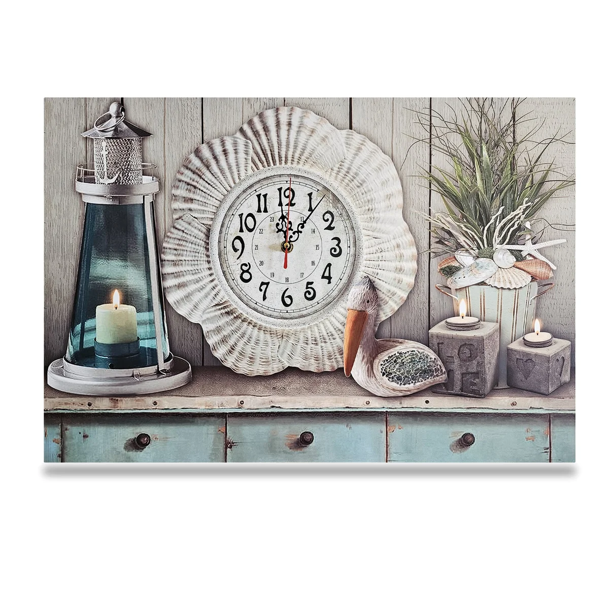 Large rectangular art clock with seaside seashell painting on wooden canvas, vintage style, battery operated, 60x40cm