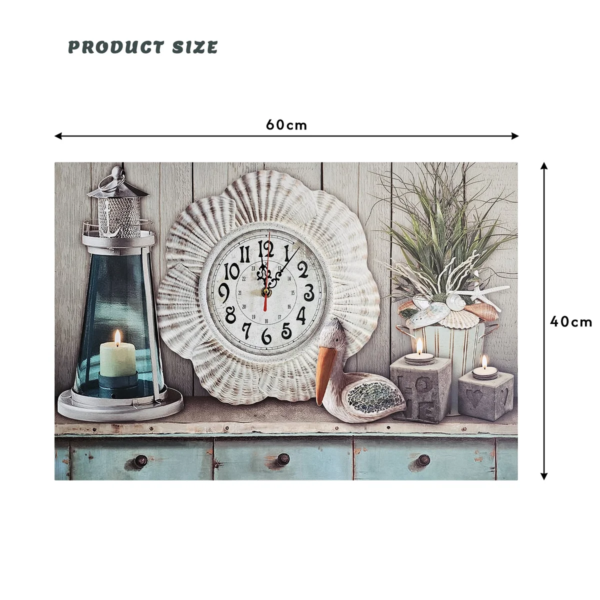 Large rectangular vintage wooden clock with seaside seashell art on painted canvas, battery operated analogue display
