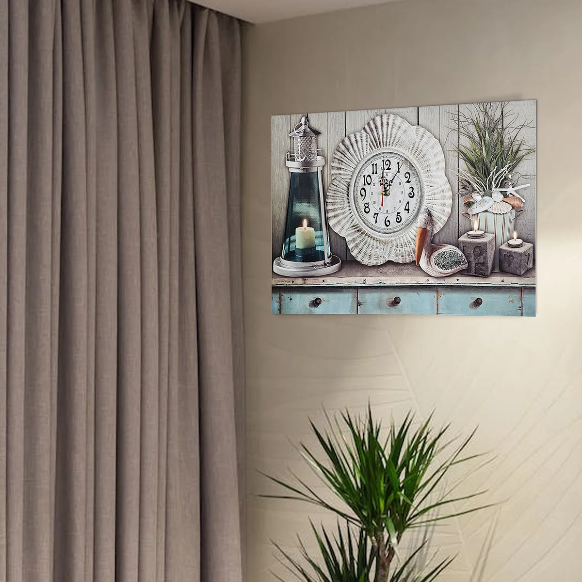Large rectangular seaside art painted wall clock with seashell design, vintage style, battery operated clock on wooden canvas