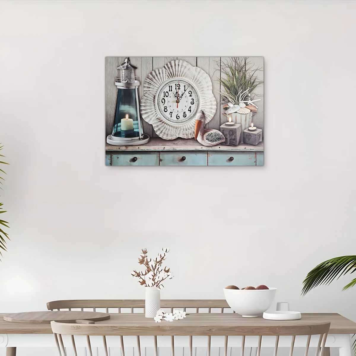Large rectangular seaside art analogue ticking clock with seashell design on wooden canvas, 60x40cm, vintage style