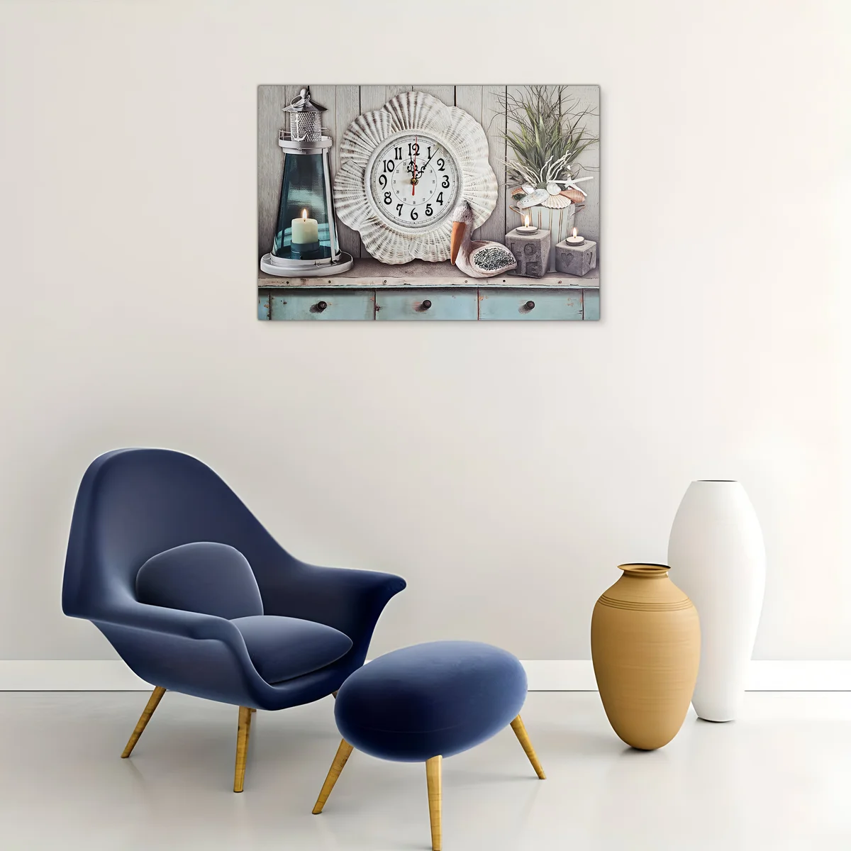Large rectangular wall clock with seaside seashell art on wooden canvas, vintage style, battery operated, 60x40cm size