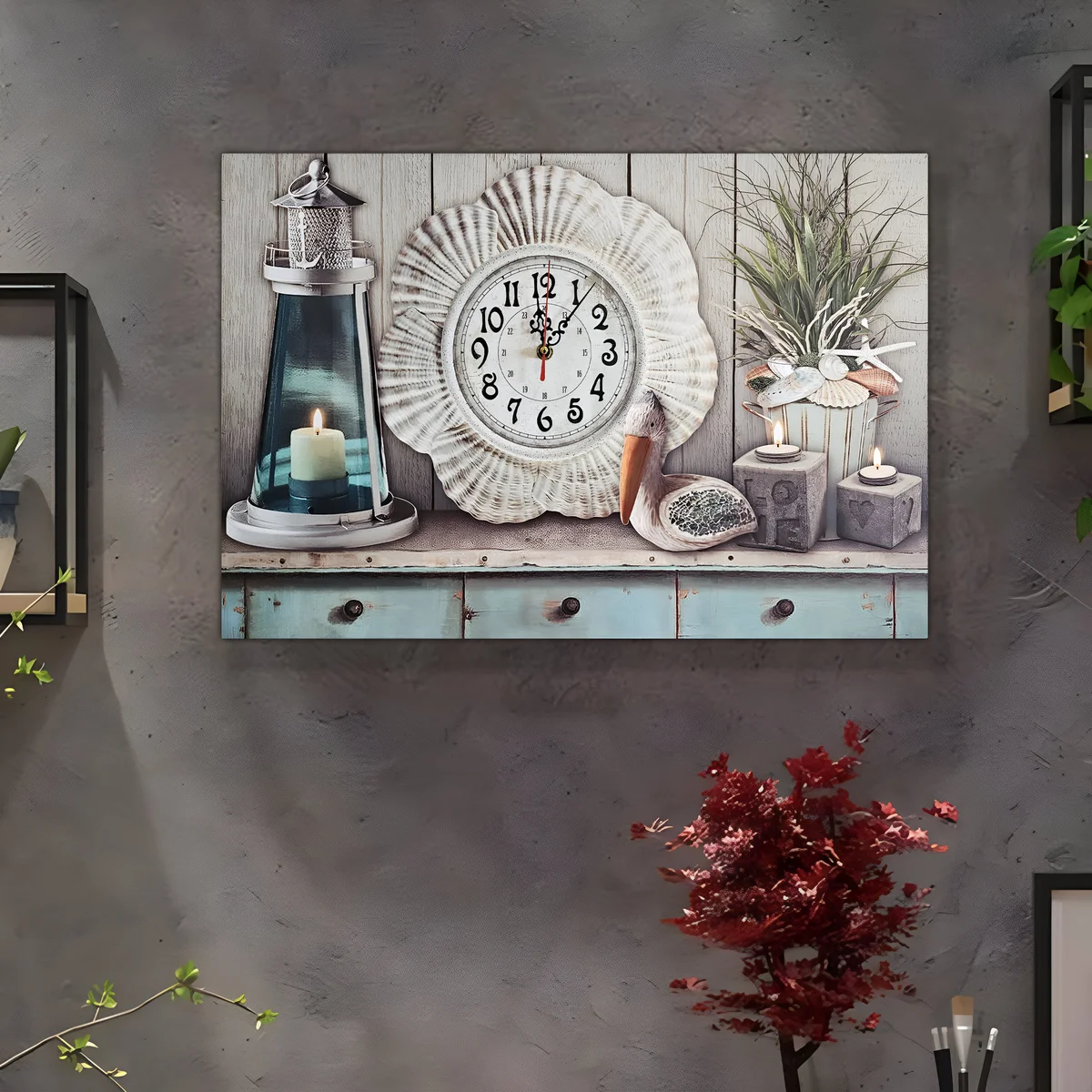 Large rectangular seaside art painted large wall clock with seashell design on wooden canvas background