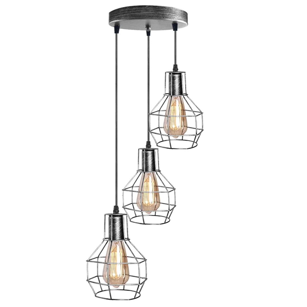 3-light industrial pendant light with brushed brass cage shades hanging from adjustable cables against white background