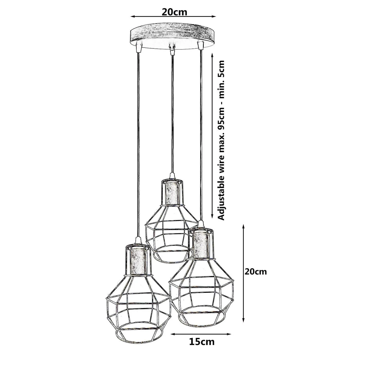 Three-light brushed brass cage pendant with adjustable cables showcasing retro ceiling lighting in industrial style