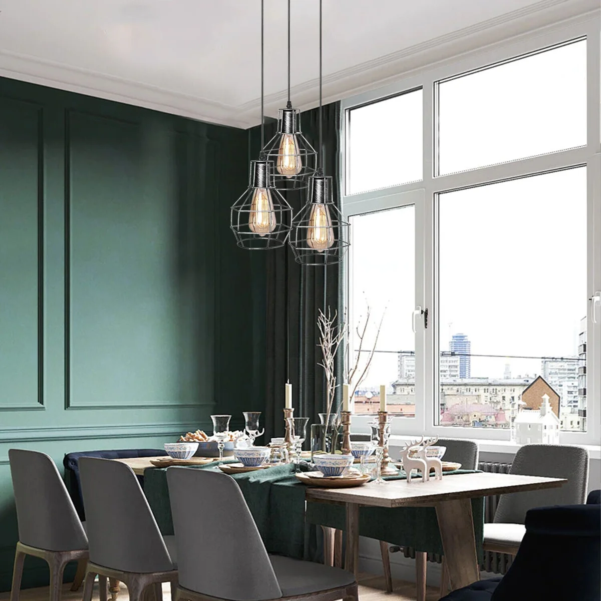 Three-light brushed brass cage pendant fixture with adjustable cables and E27 bulb pendant light design hanging indoors