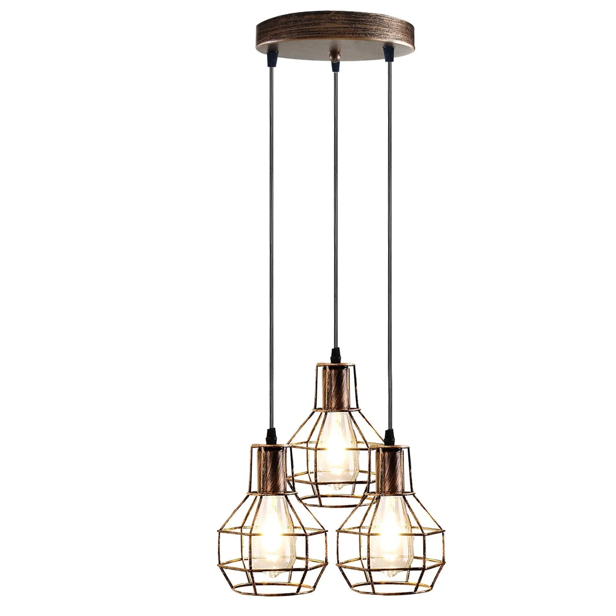 3-light pendant ceiling light with three brushed brass cage shades hanging from adjustable cables against a white background