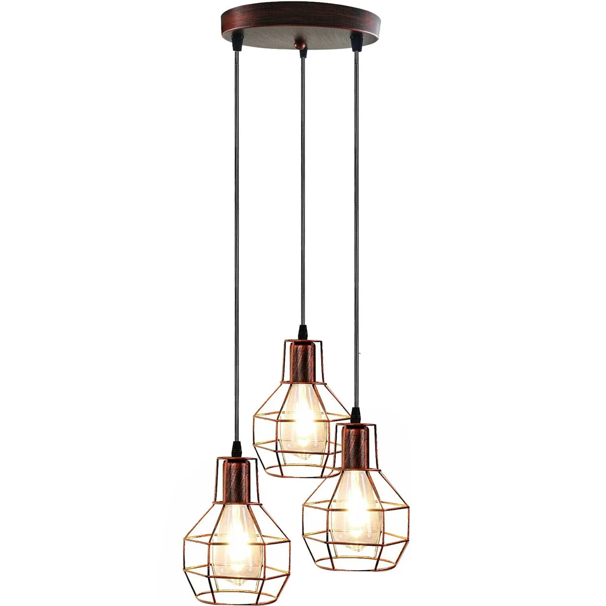 3-light pendant ceiling light with brushed brass cage design hanging from adjustable cables in industrial retro style