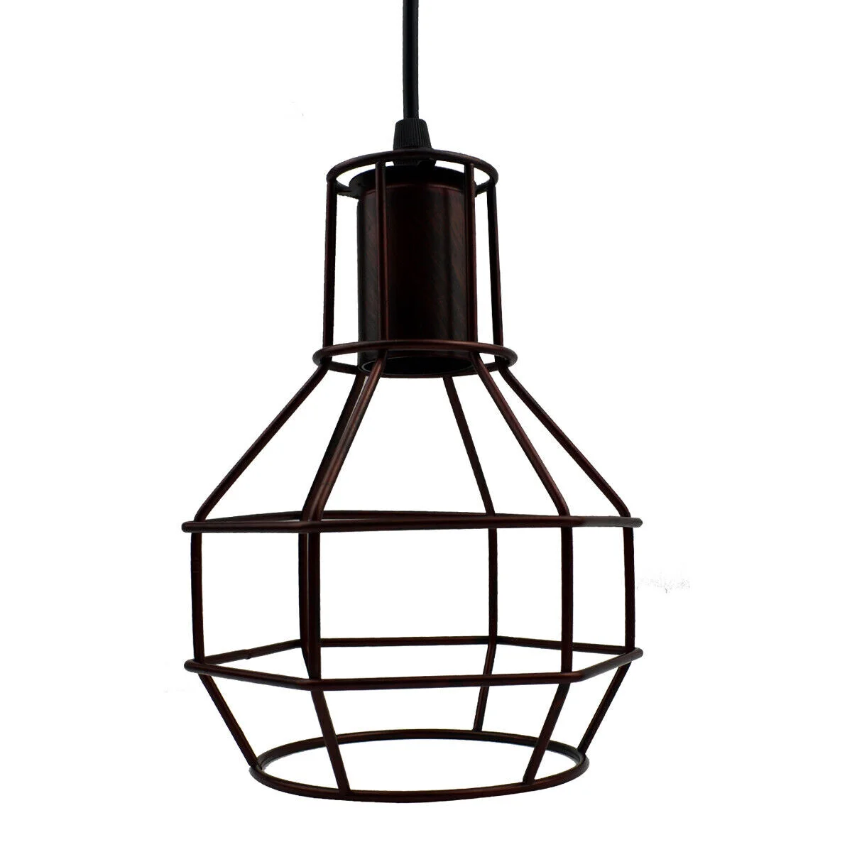 3-light pendant ceiling light with three brushed brass cage shades hanging at adjustable lengths from a round ceiling rose