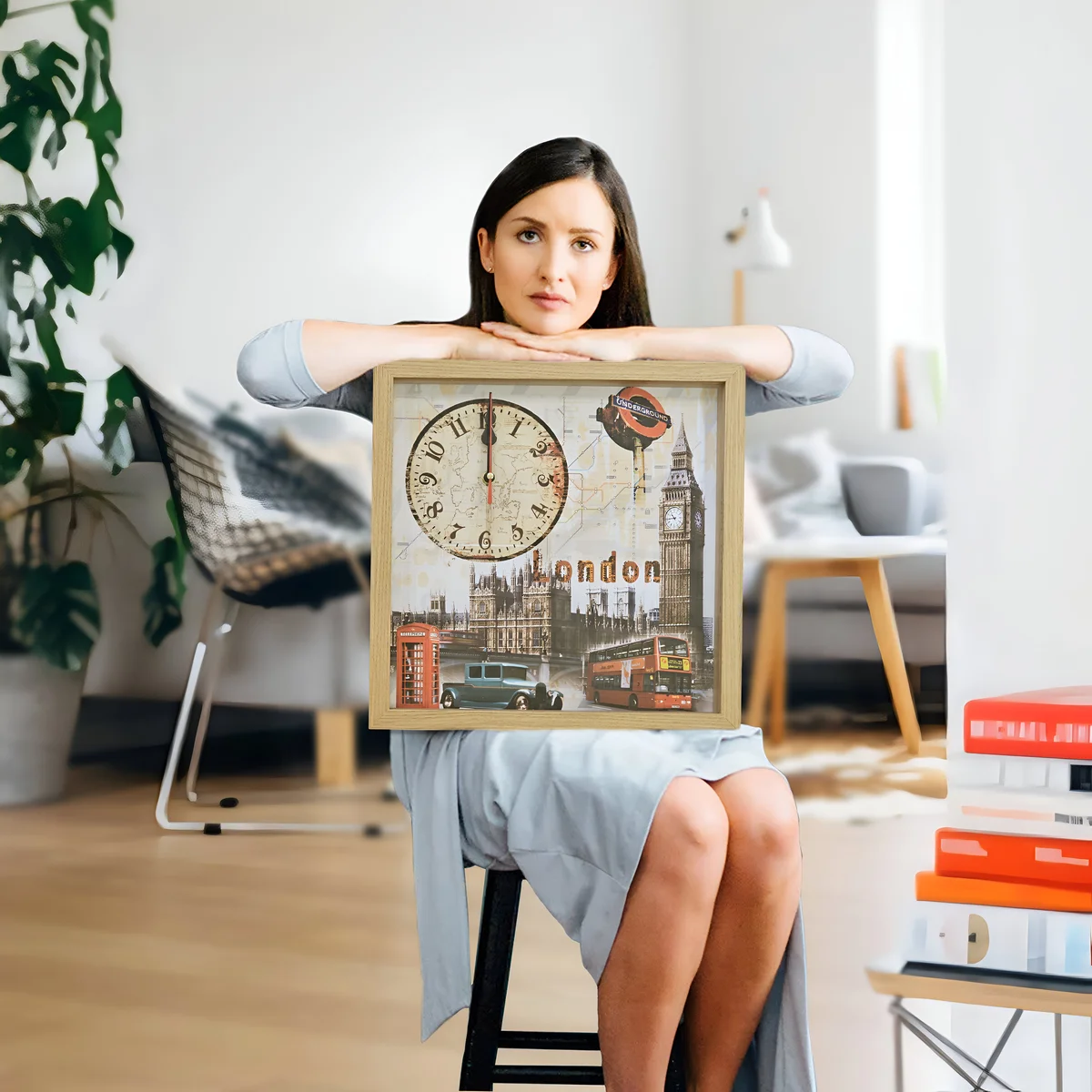 Rectangular London Big Ben wall clock with vintage framed canvas art, wooden frame, and large analogue numbers on smooth surface