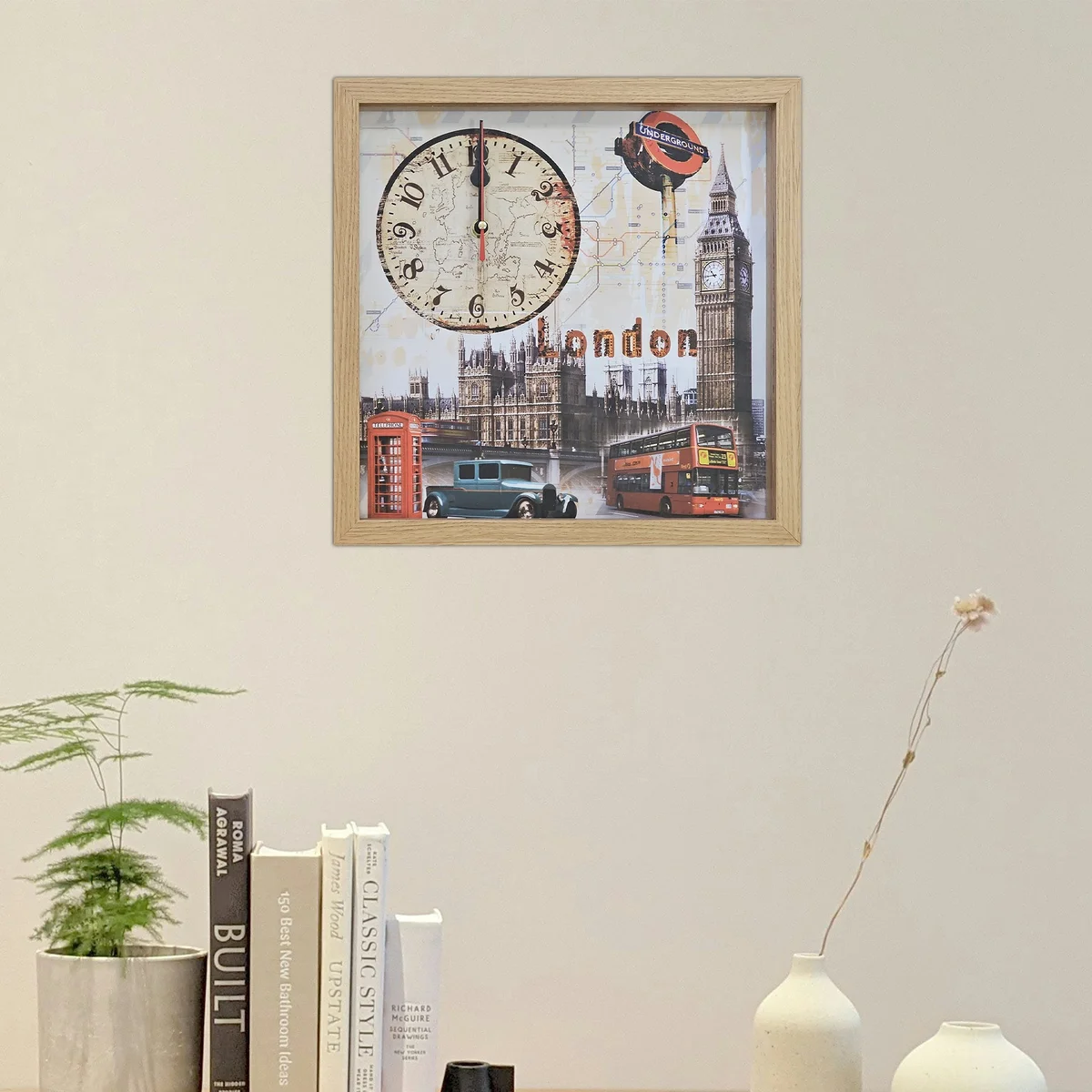 Rectangular wall clock featuring vintage London Big Ben design on framed wooden canvas with large clear numbers and analogue display