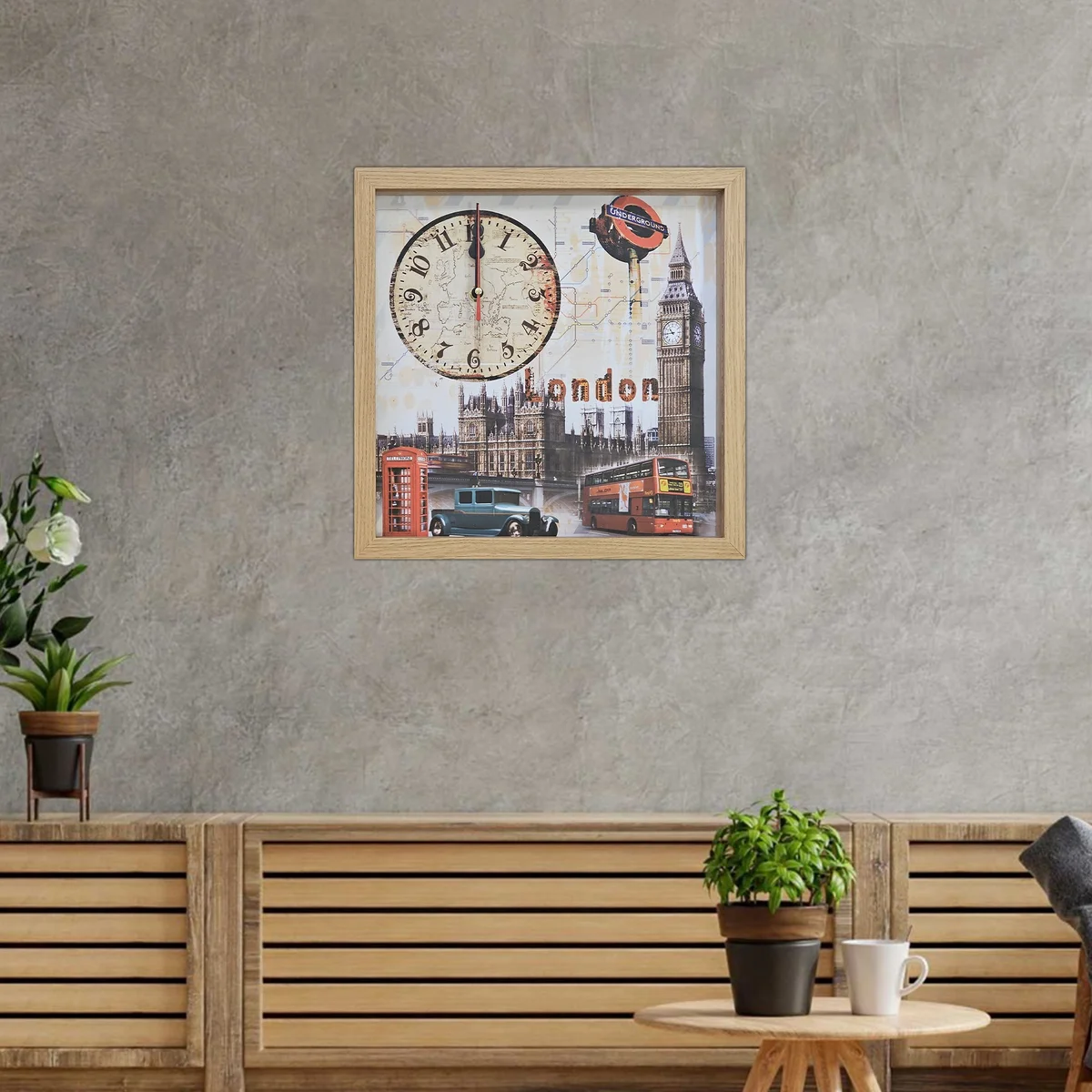 Rectangular vintage style clock featuring London Big Ben painted on wooden framed canvas wall art, battery operated analog display