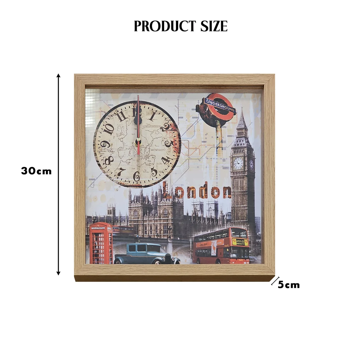 Rectangular vintage London Big Ben battery powered clock with wooden frame and large clear analogue numbers on canvas art background