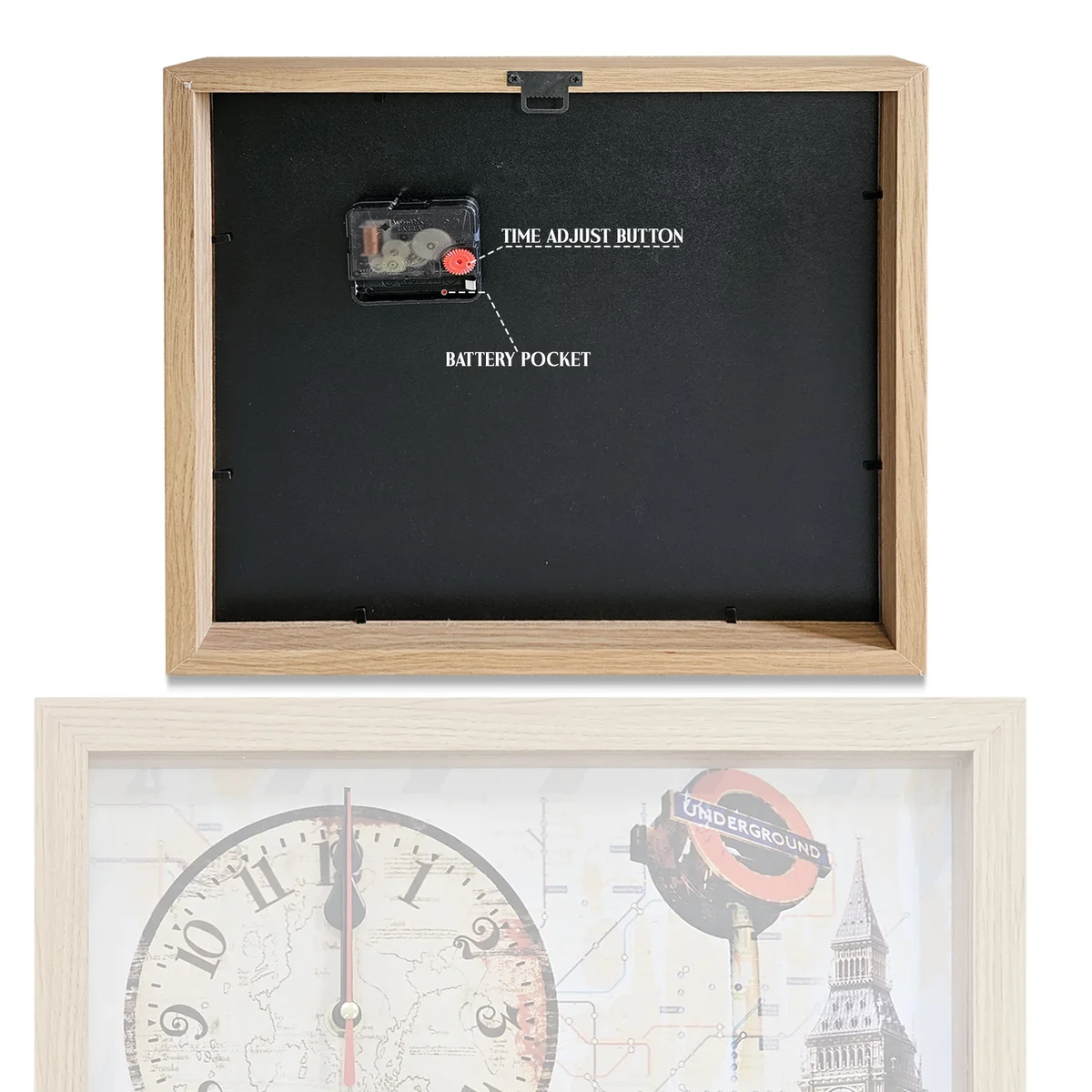 Rectangular wooden art clock featuring London Big Ben design with large clear numbers on a framed canvas surface