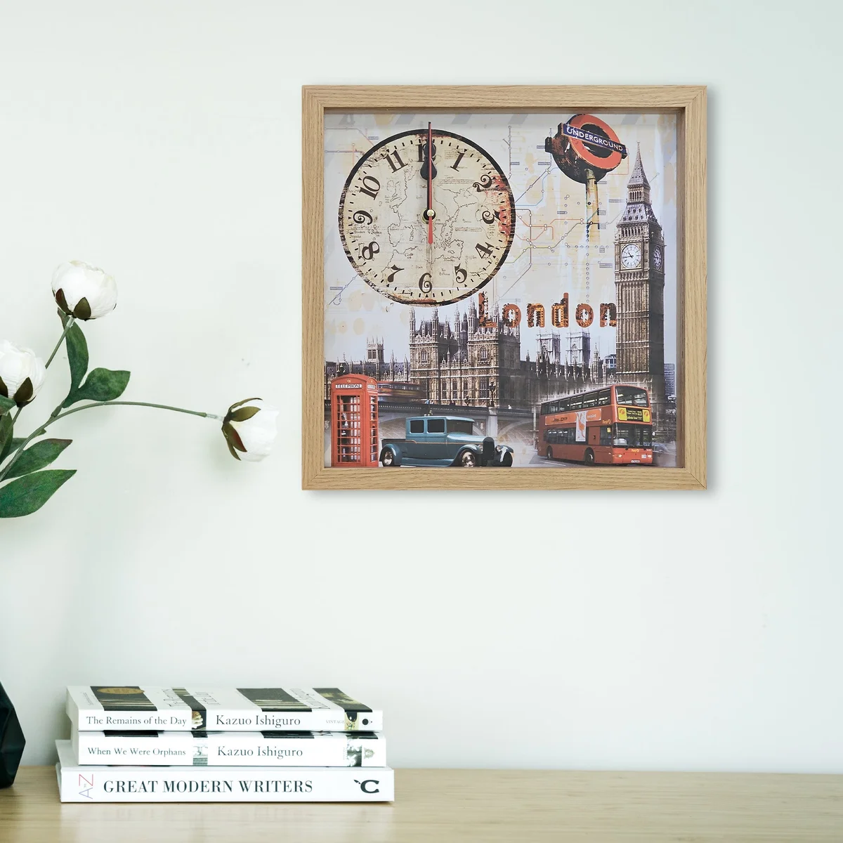 Rectangular wooden London Big Ben analogue ticking clock with large numbers on framed canvas wall art, battery powered