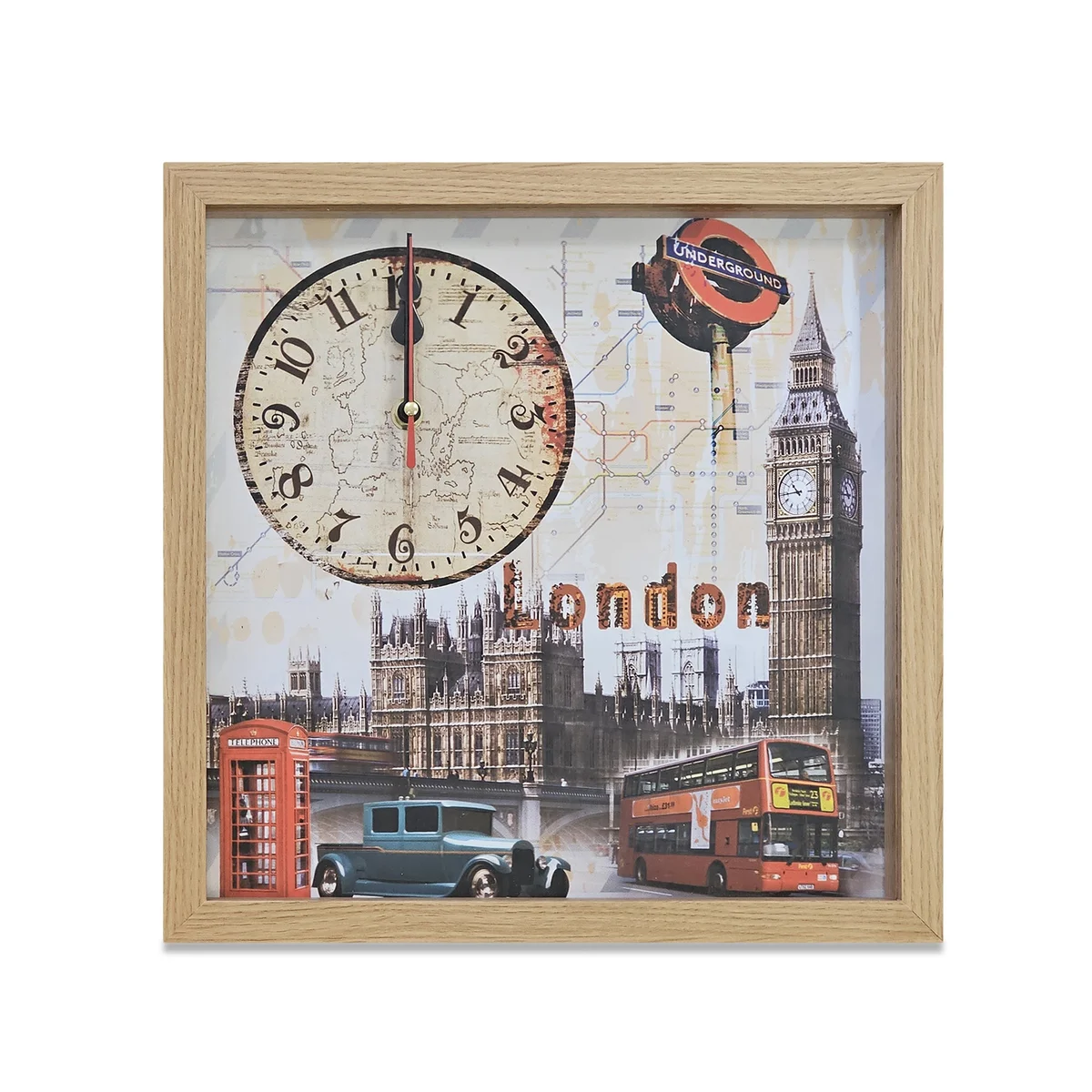 Rectangular London Big Ben wall clock with vintage wooden frame and large clear numbers on painted canvas background