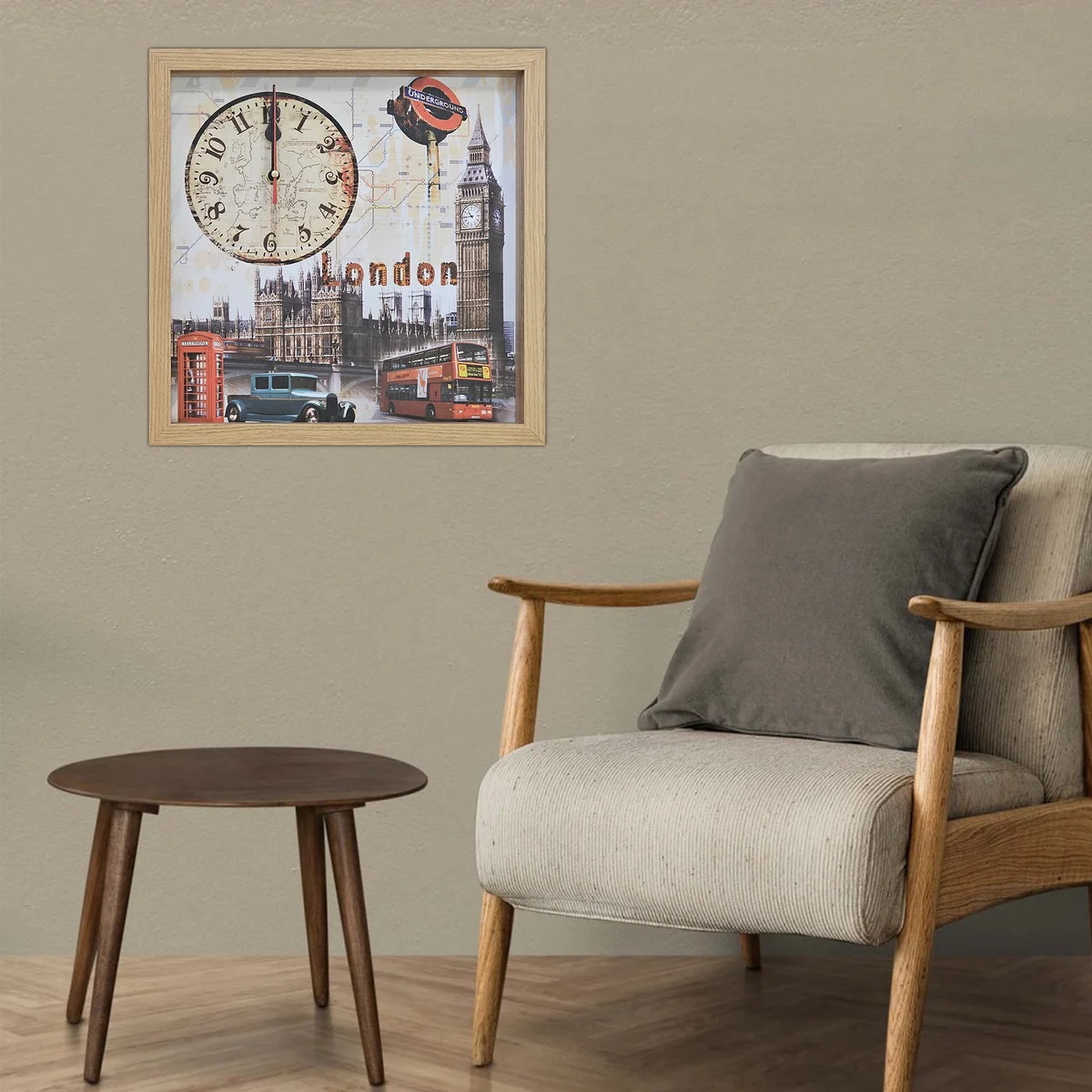 Rectangular London Big Ben wall clock with vintage wooden frame and large clear numbers on painted canvas background