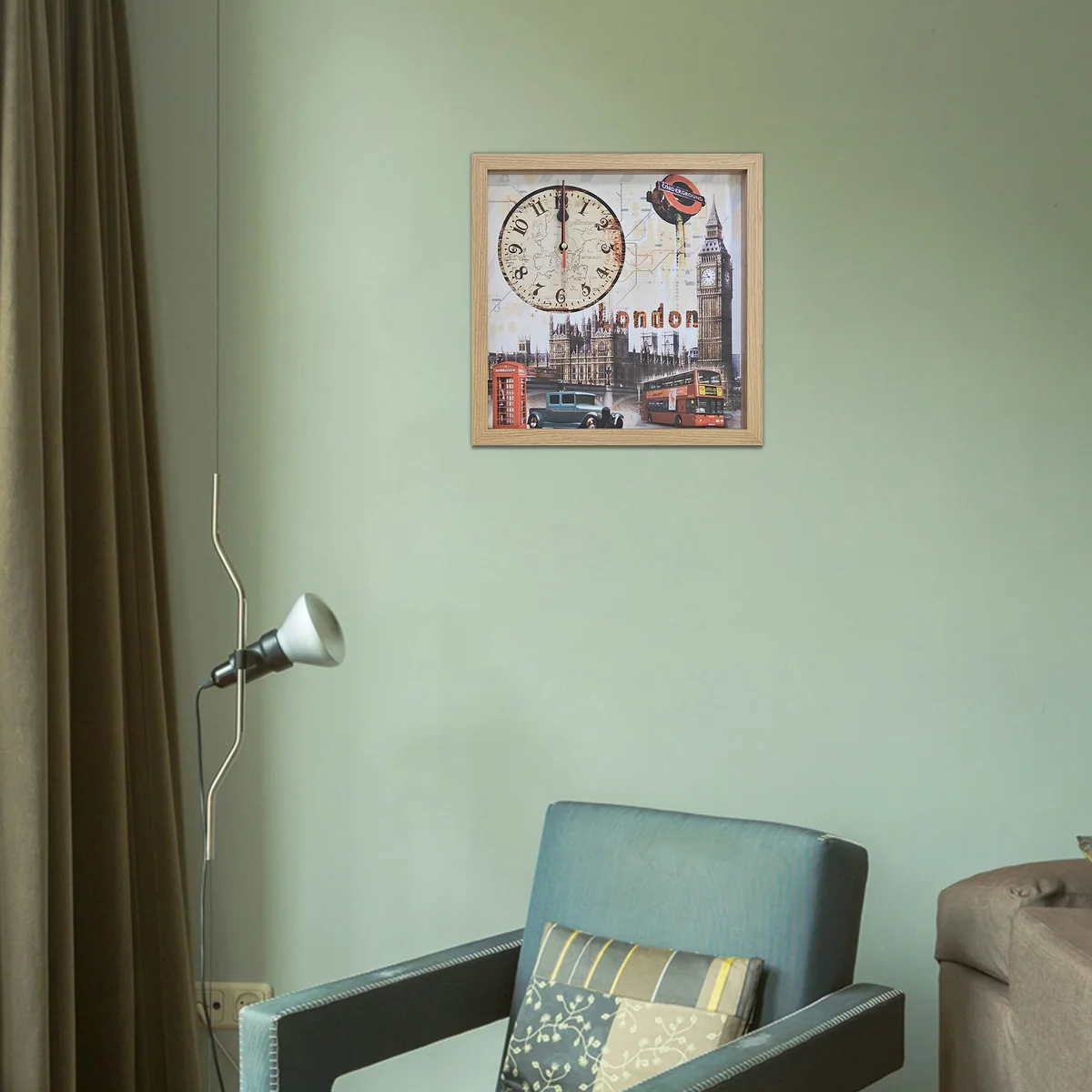 Rectangular London Big Ben wall clock with vintage wooden frame and clear large numbers on painted canvas background