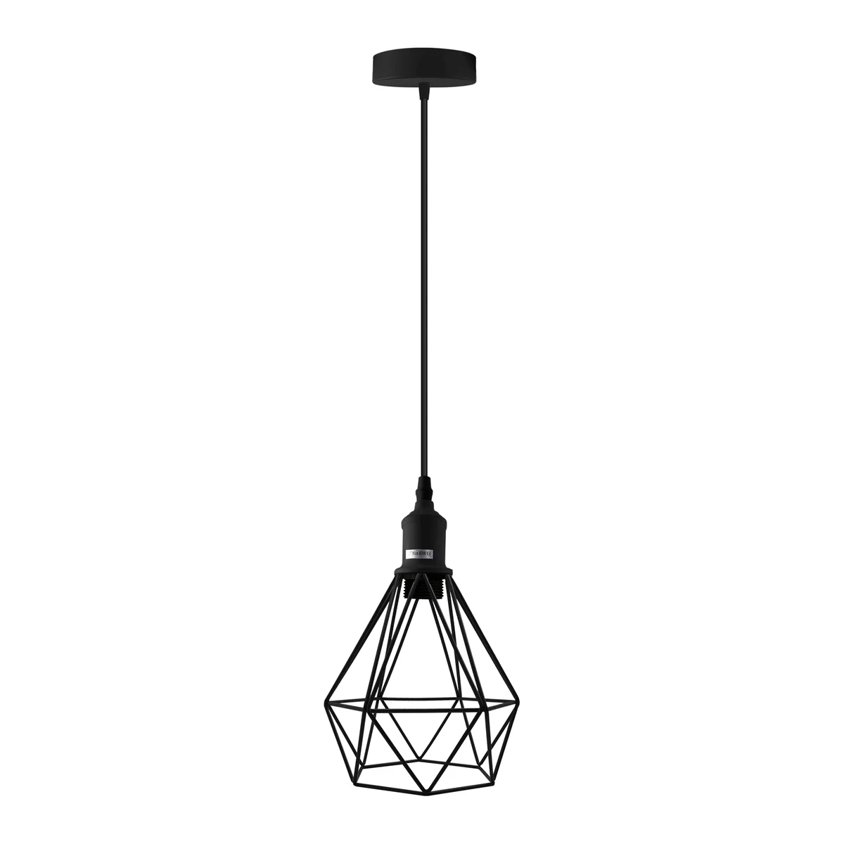 Vintage industrial metal cage E27 ceiling hanging light with black finish and exposed bulb holder suspended by cable