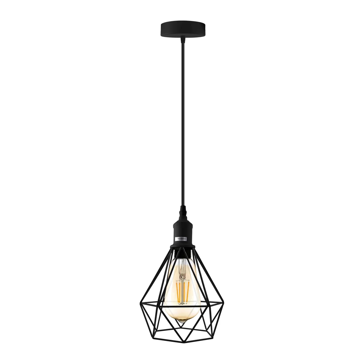 Retro style metal lampshade pendant light with industrial cage design hanging from ceiling in vintage finish