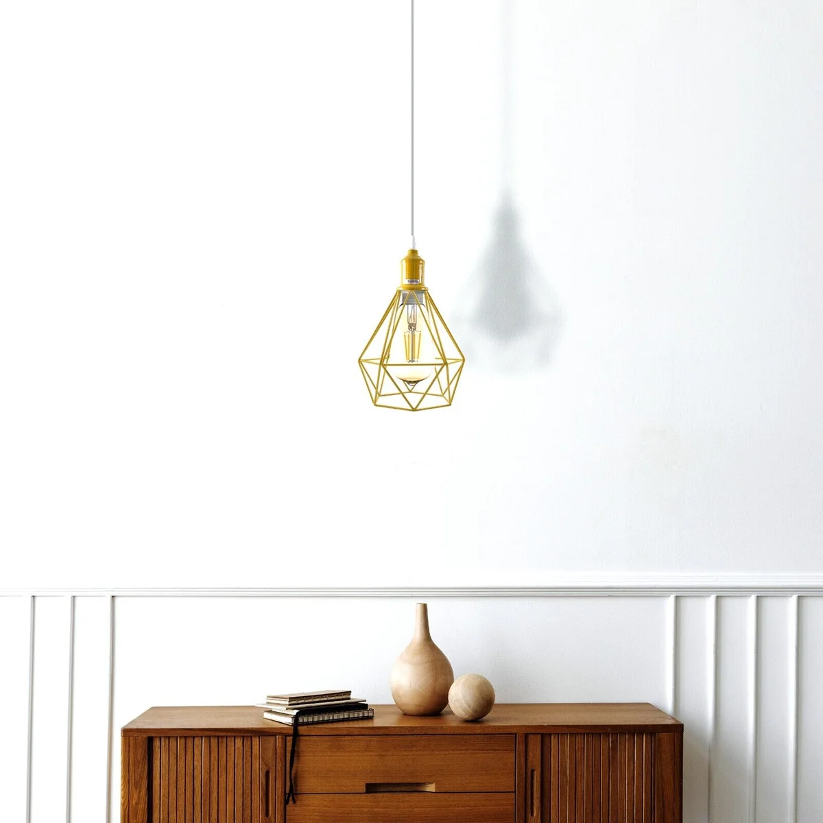 Vintage metal pendant light with industrial cage design, hanging from ceiling with visible wiring and E27 bulb socket