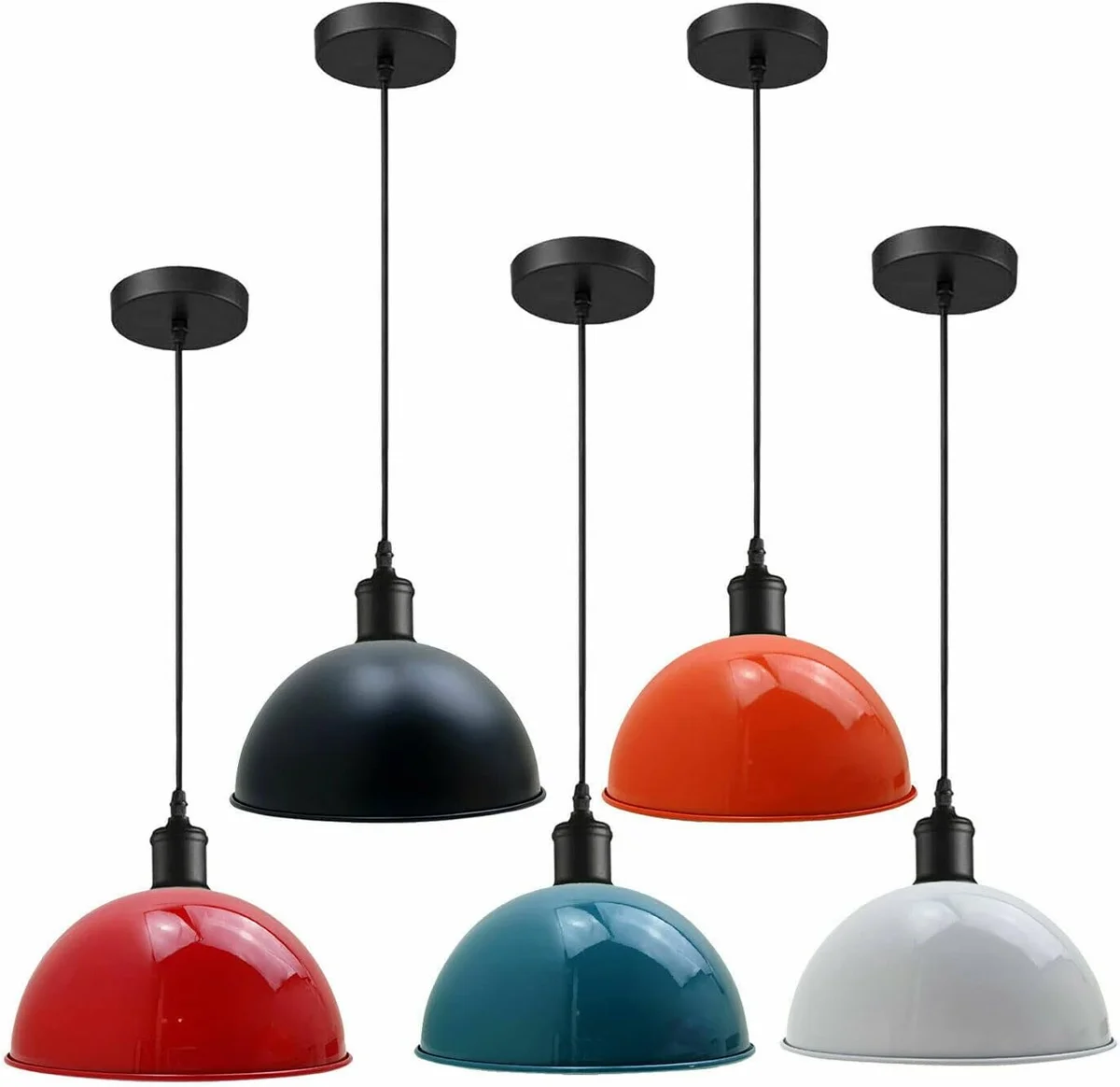 40cm retro pendant light with glossy powder-coated metal dome and black fabric cable, mid-century modern style