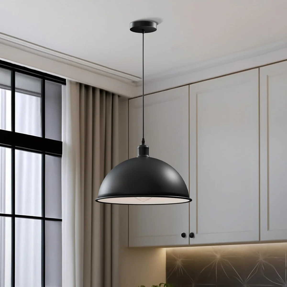 40cm retro metal dome pendant light with glossy powder-coated finish and black fabric cable hanging against white background