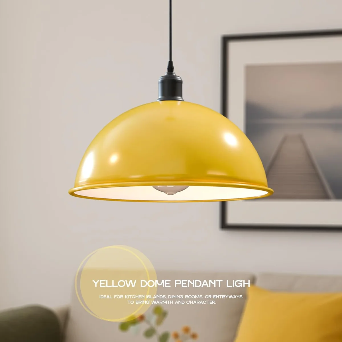 Glossy black 40cm retro metal dome mid-century pendant light with adjustable fabric cable hanging against white background
