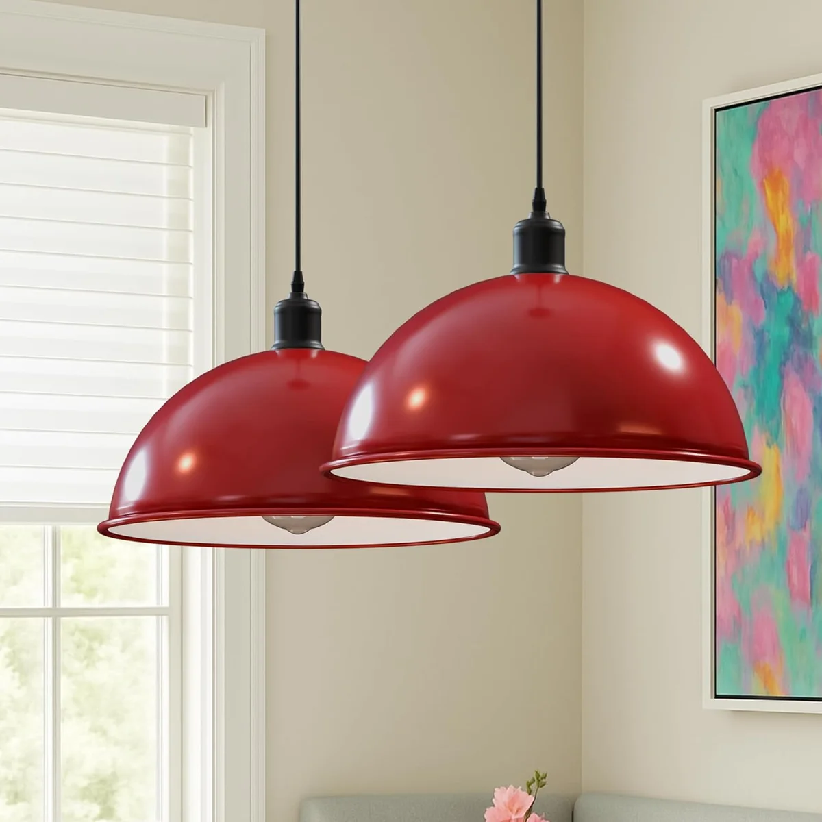 40cm retro metal dome pendant light with black fabric cable, ideal kitchen island lighting in mid-century modern style